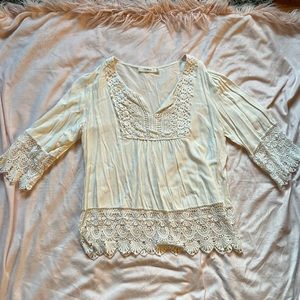 Boho Lace-Trim V-Neck Women's Top in Cream